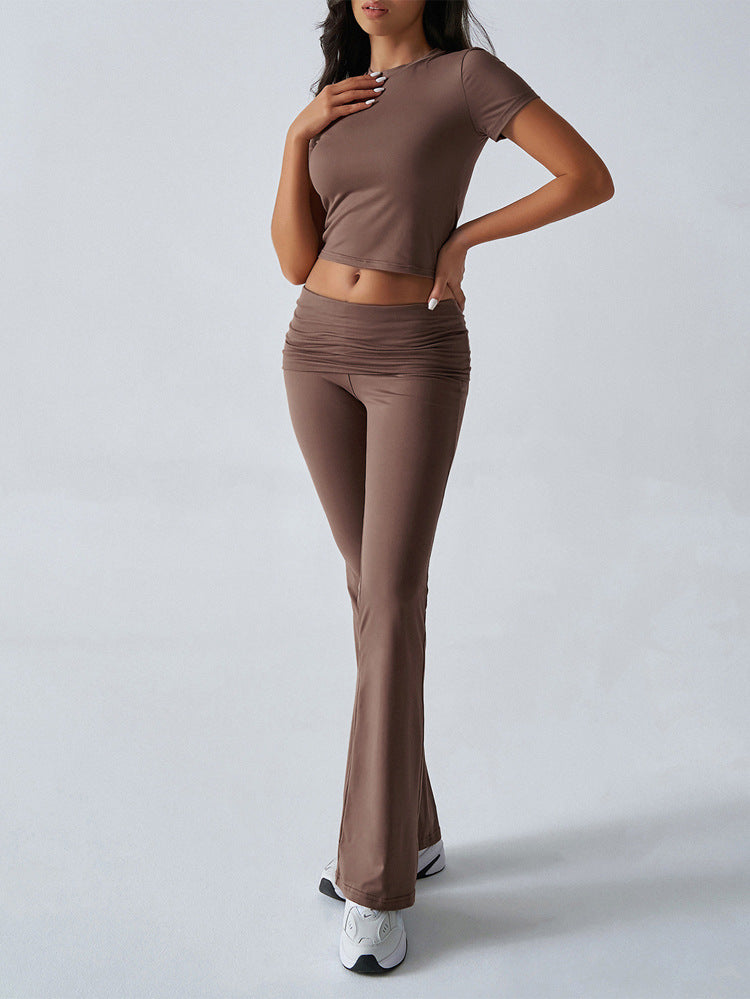 Cropped Tee And Flared Trousers Set - Curry - 4