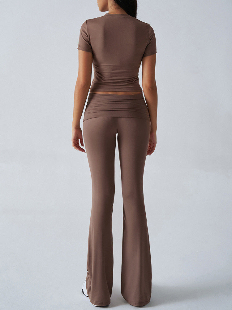 Cropped Tee And Flared Trousers Set - Curry - 5