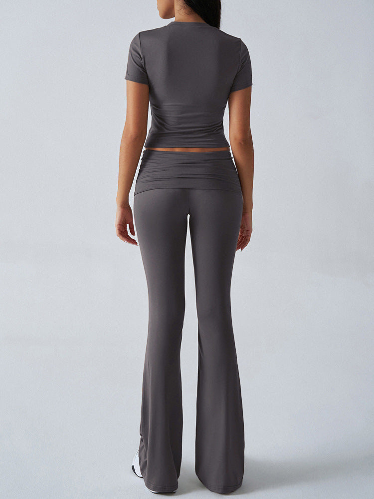 Cropped Tee And Flared Trousers Set - Darkgray - 5