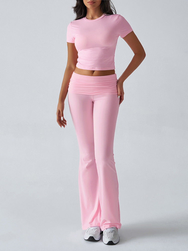 Cropped Tee And Flared Trousers Set - Pink