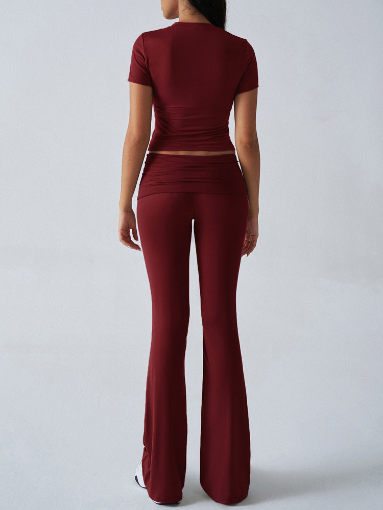 Cropped Tee And Flared Trousers Set - Red - 5