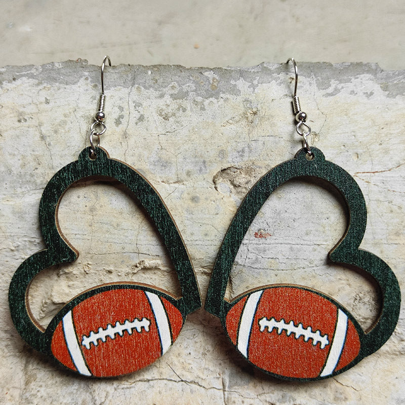 Wooden Heart Cutout Sports Ball Earrings - Football