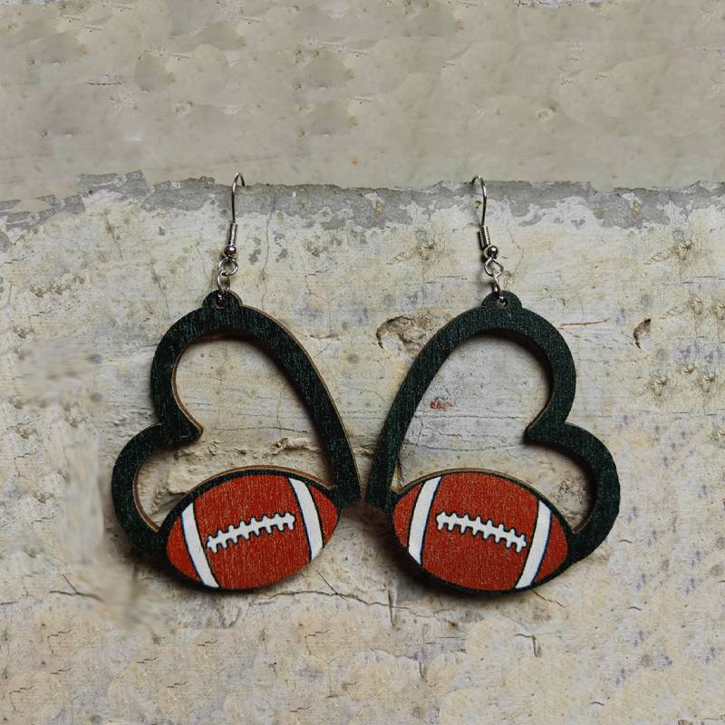 Wooden Heart Cutout Sports Ball Earrings - view 1