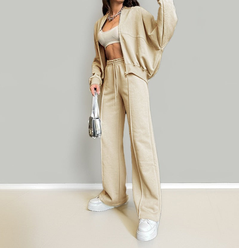 Cropped Zip Jacket and Wide Leg Athletic Tracksuit - Apricot