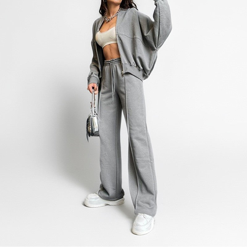 Cropped Zip Jacket and Wide Leg Athletic Tracksuit - Light Gray