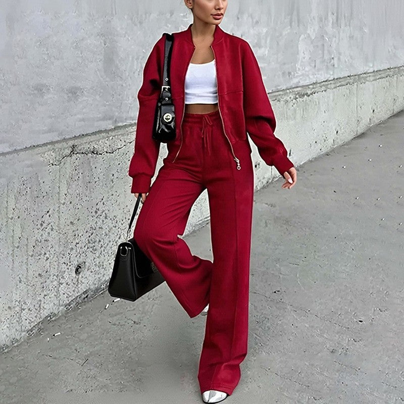 Cropped Zip Jacket and Wide Leg Athletic Tracksuit - Red