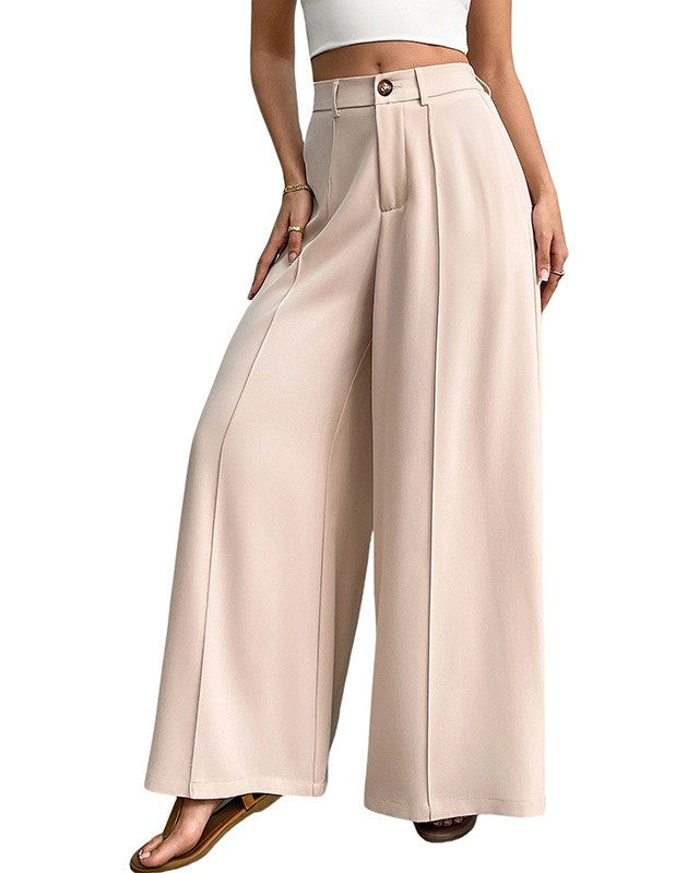High Waist Pleated Wide Leg Pants - Apricot