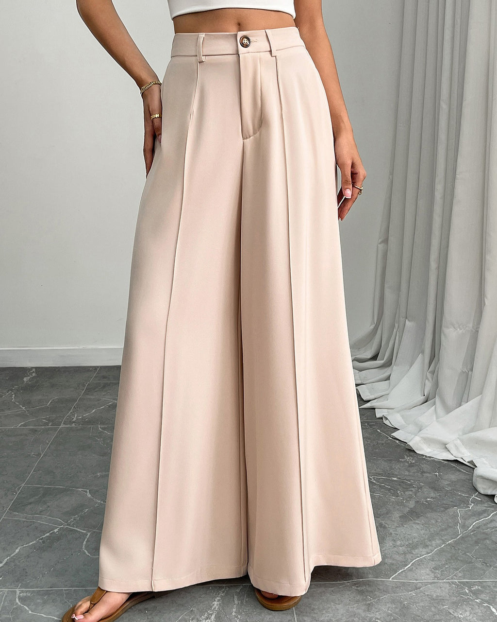 High Waist Pleated Wide Leg Pants - Apricot - 1