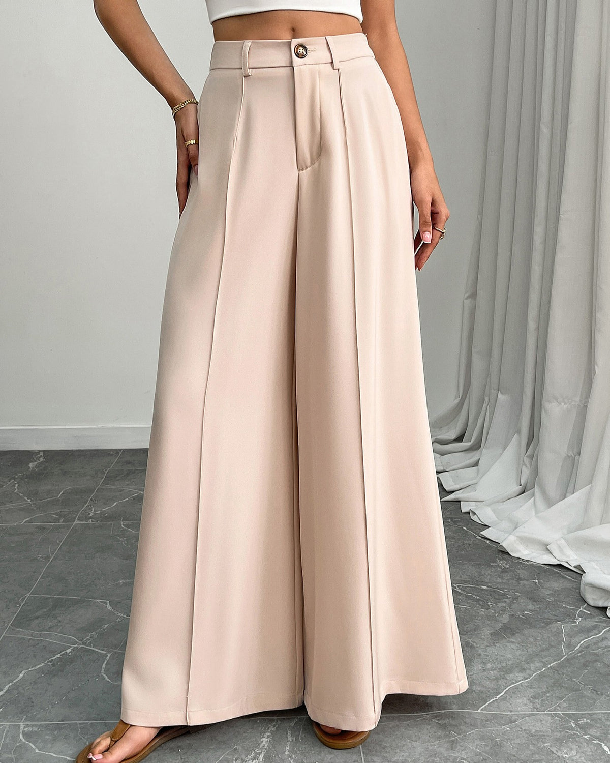 High Waist Pleated Wide Leg Pants - Apricot - 1