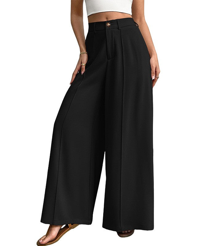 High Waist Pleated Wide Leg Pants - Black