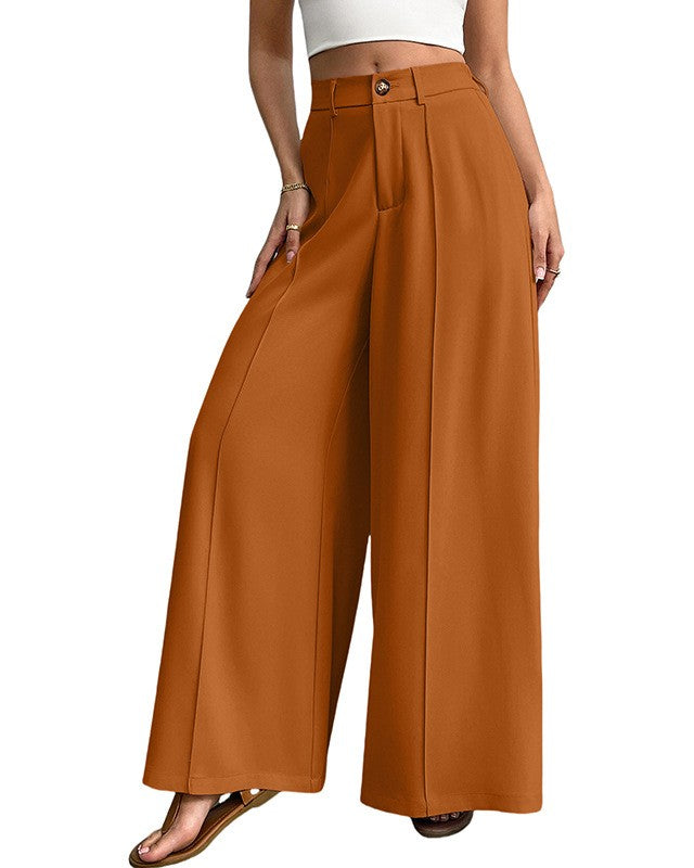 High Waist Pleated Wide Leg Pants - Caramel