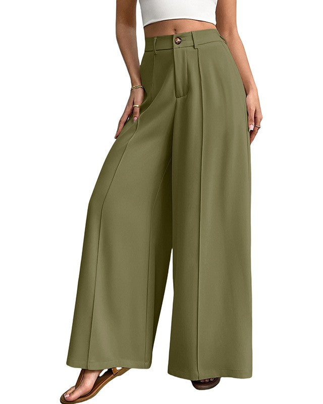 High Waist Pleated Wide Leg Pants - Green