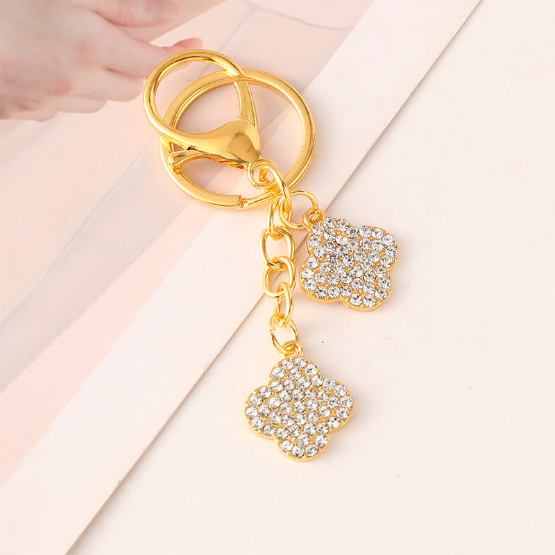 Rhinestone Clover Charm Keychain - Gold
