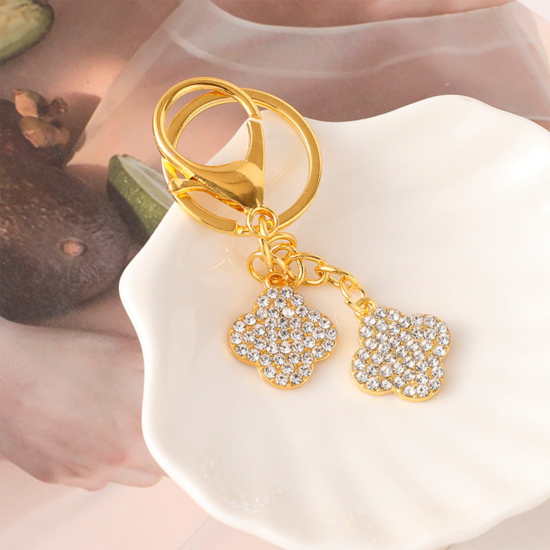 Rhinestone Clover Charm Keychain - Gold - 2