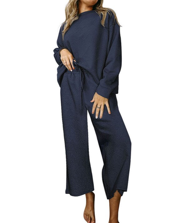Slouchy Drawstring Wide Leg Lounge Set - DarkBlue