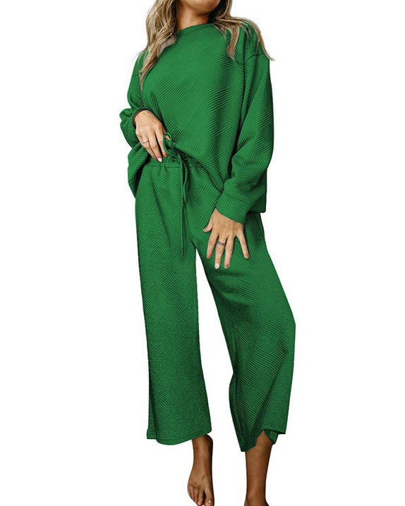 Slouchy Drawstring Wide Leg Lounge Set - Green