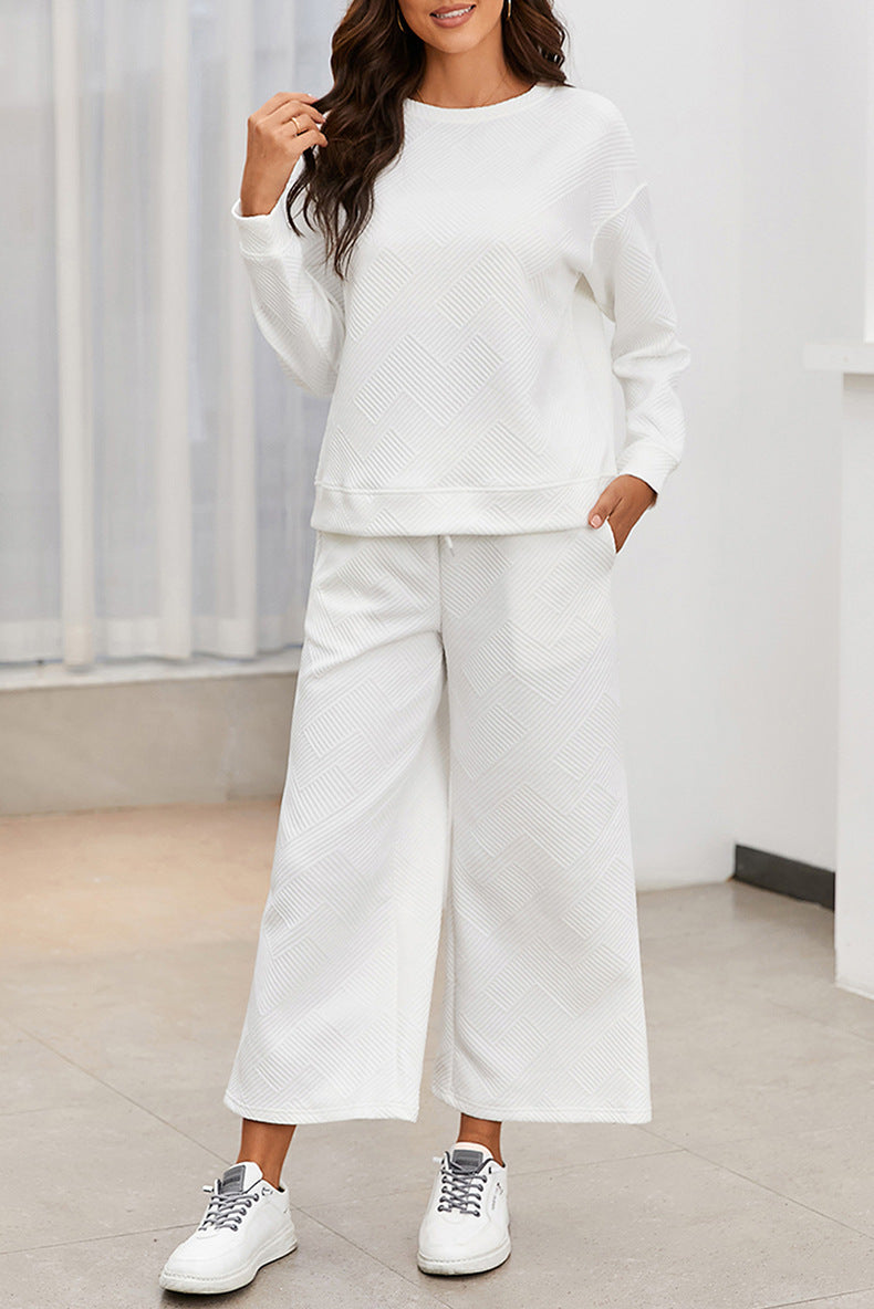 Slouchy Drawstring Wide Leg Lounge Set - White