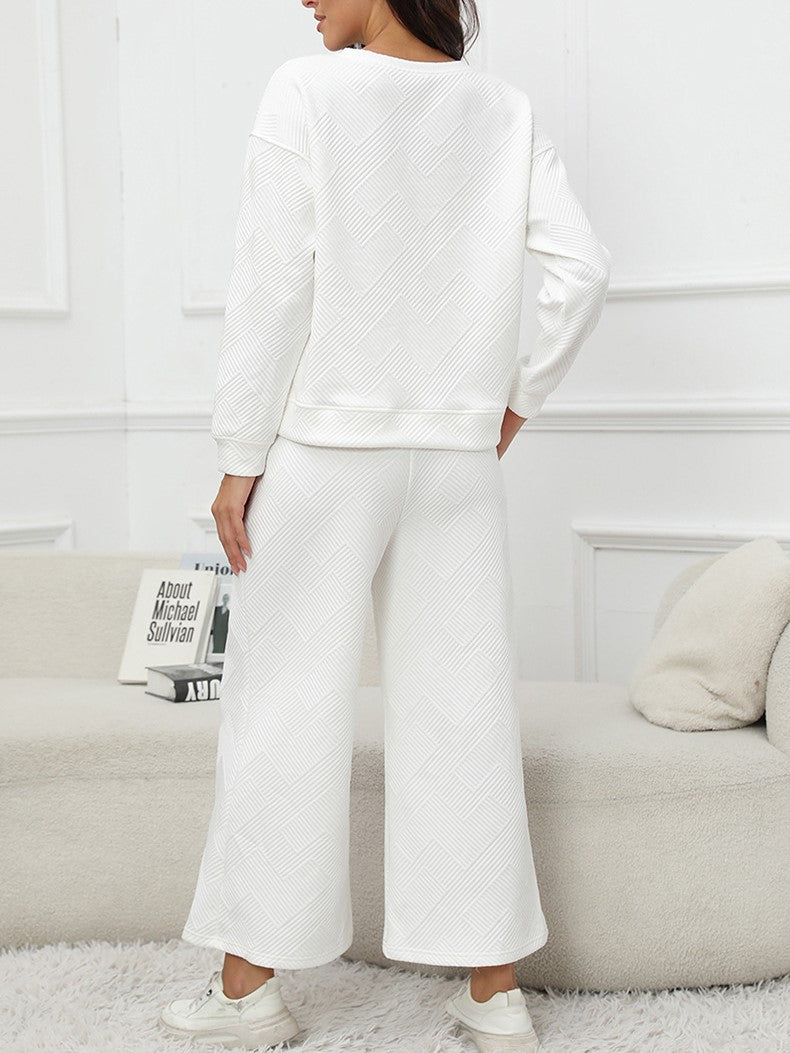Slouchy Drawstring Wide Leg Lounge Set - White - 1