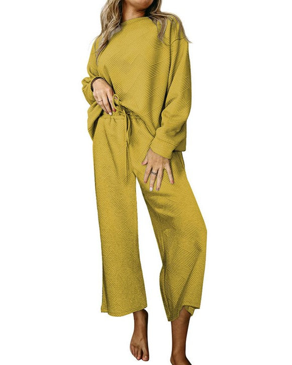 Slouchy Drawstring Wide Leg Lounge Set - Yellow