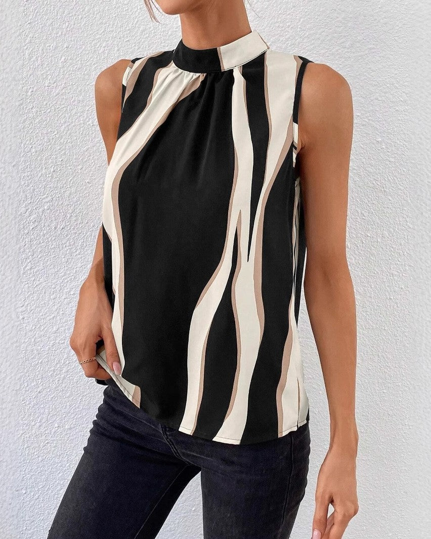Abstract Stripe Mock Neck Sleeveless Top - Black - 1