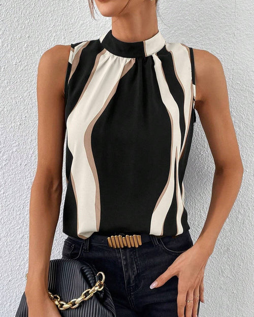 Abstract Stripe Mock Neck Sleeveless Top