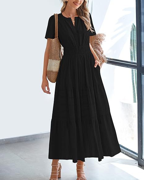 Short Sleeve Ruched Waist Tiered Maxi Dress - Black
