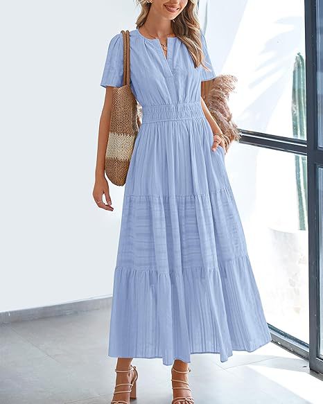 Short Sleeve Ruched Waist Tiered Maxi Dress - Blue