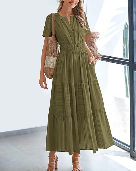 Short Sleeve Ruched Waist Tiered Maxi Dress - Green
