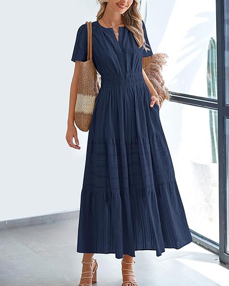 Short Sleeve Ruched Waist Tiered Maxi Dress - NavyBlue