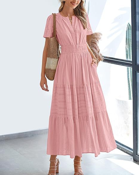 Short Sleeve Ruched Waist Tiered Maxi Dress - Pink