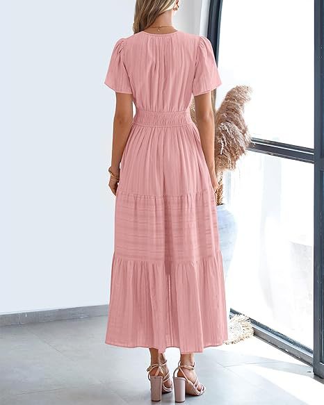 Short Sleeve Ruched Waist Tiered Maxi Dress - Pink - 1
