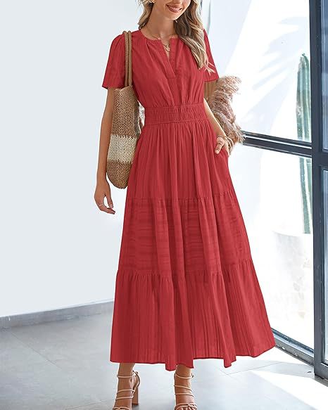 Short Sleeve Ruched Waist Tiered Maxi Dress - Red