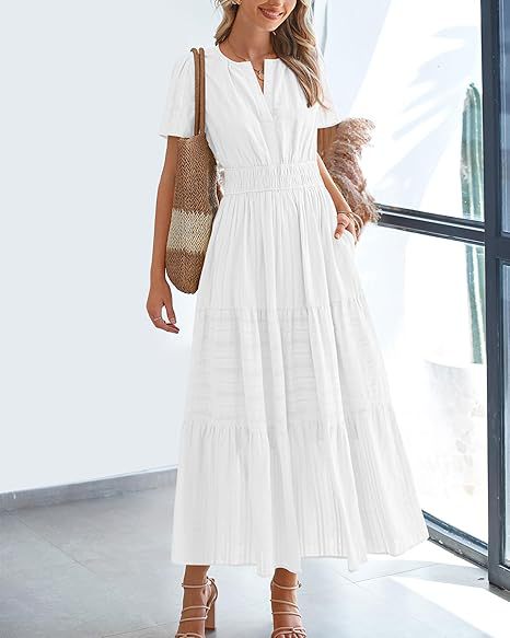 Short Sleeve Ruched Waist Tiered Maxi Dress - White