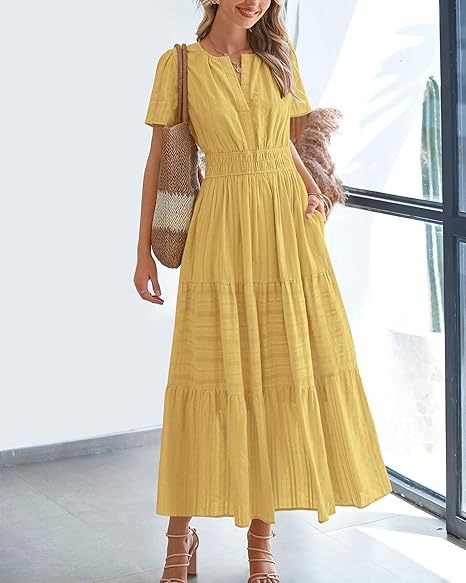Short Sleeve Ruched Waist Tiered Maxi Dress - Yellow