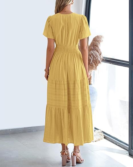 Short Sleeve Ruched Waist Tiered Maxi Dress - Yellow - 1
