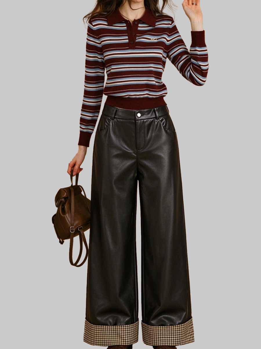 Black Faux Leather Plaid Cuff Wide Leg Pants - Black