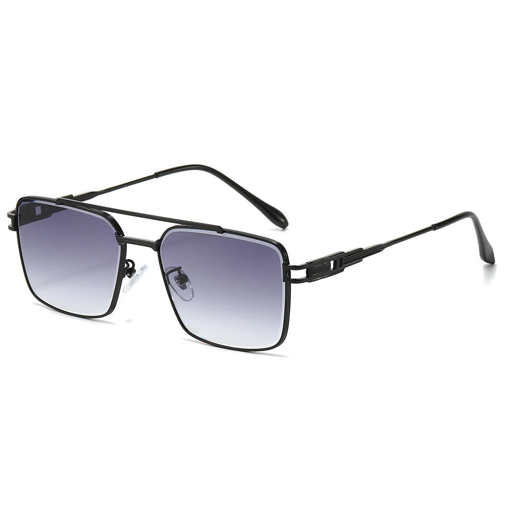 Double Bridge Square Metal Aviator Sunglasses - Black