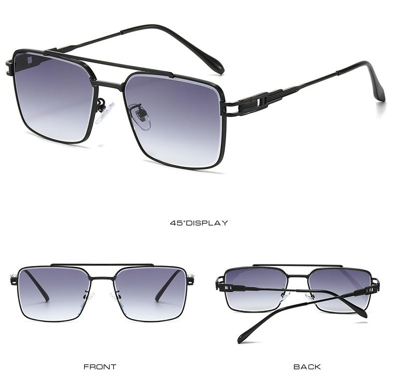 Double Bridge Square Metal Aviator Sunglasses - Black - 1