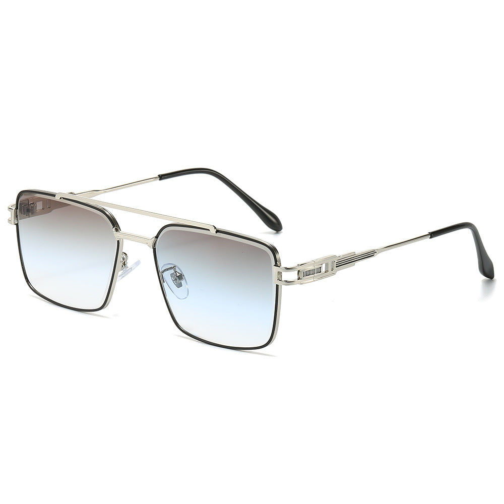 Double Bridge Square Metal Aviator Sunglasses - Blue