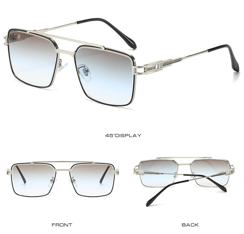 Double Bridge Square Metal Aviator Sunglasses - Blue - 1