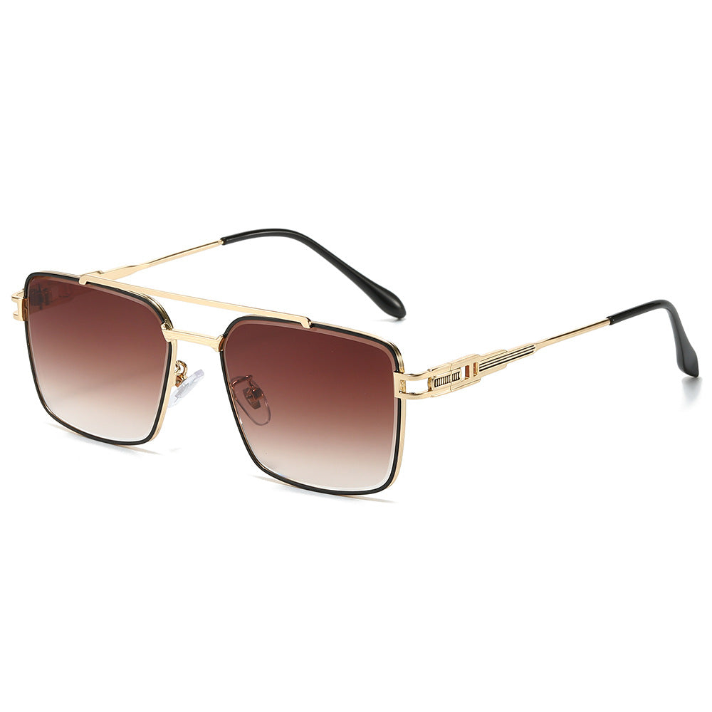 Double Bridge Square Metal Aviator Sunglasses - Brown