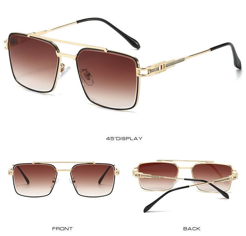 Double Bridge Square Metal Aviator Sunglasses - Brown - 1