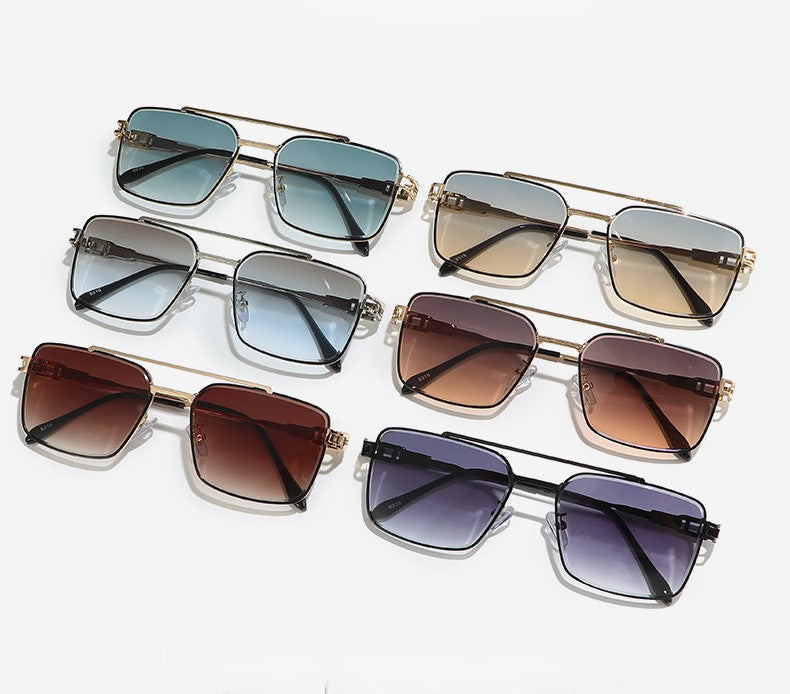Double Bridge Square Metal Aviator Sunglasses - Tea