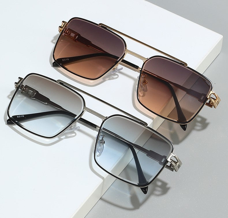 Double Bridge Square Metal Aviator Sunglasses - Tea - 3
