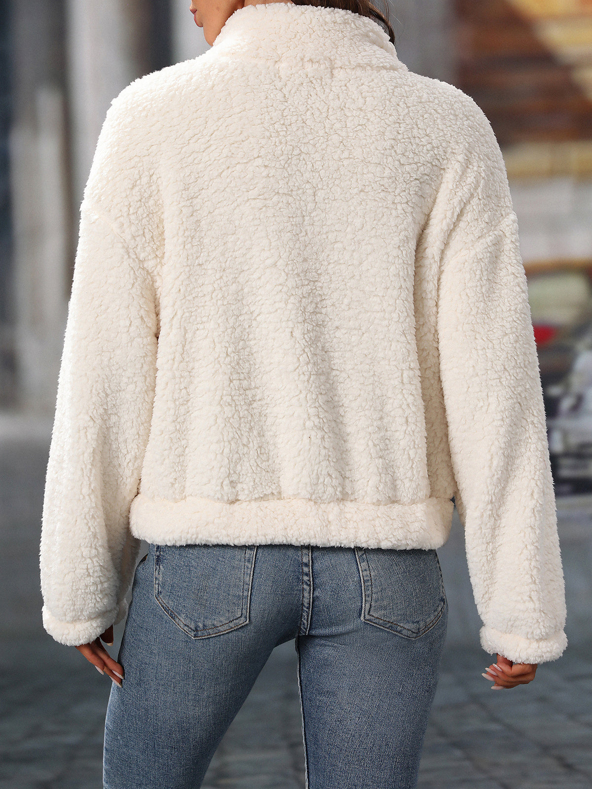 Heart Embroidered Half Zip Sherpa Sweatshirt - White - 2