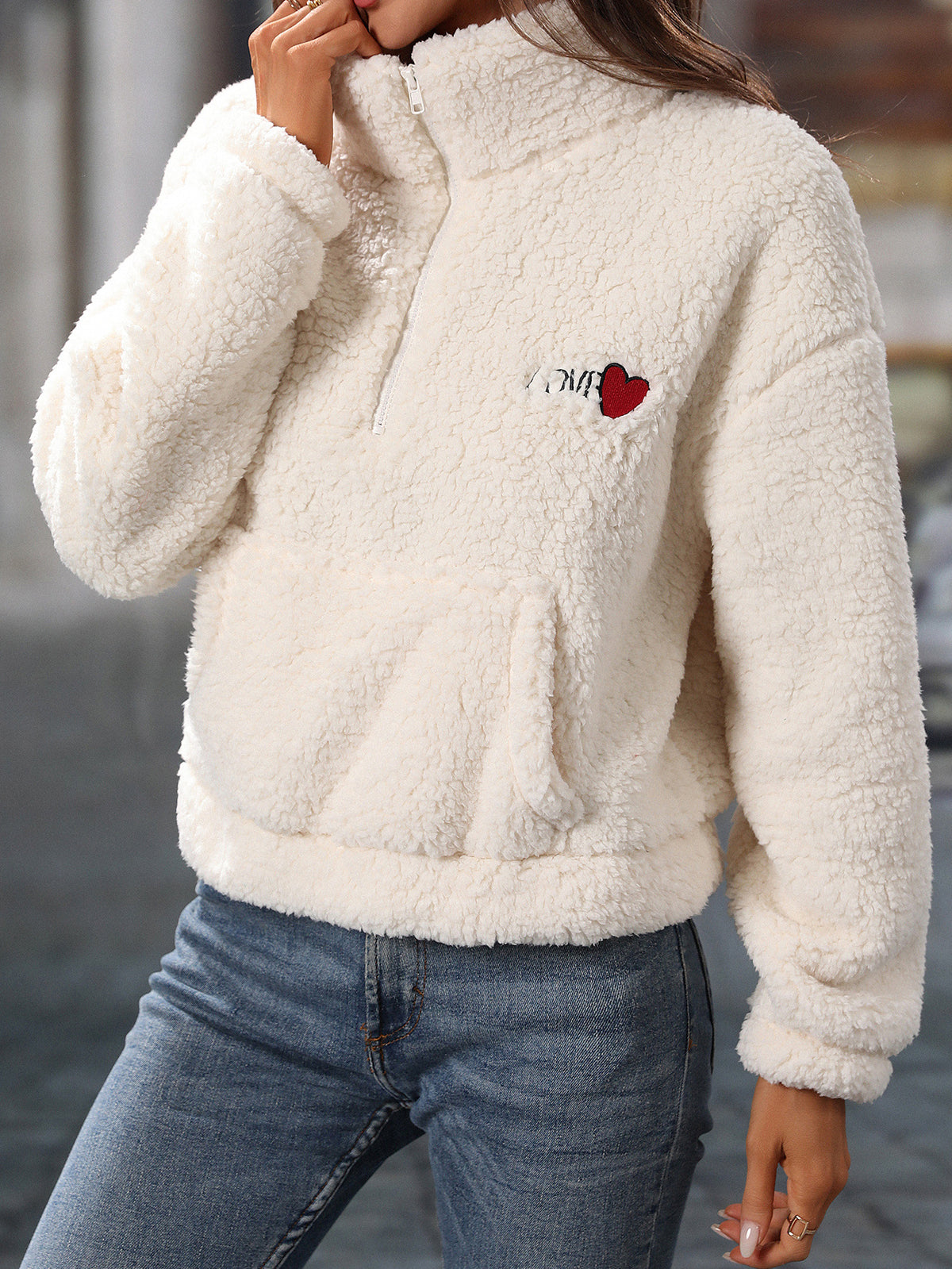 Heart Embroidered Half Zip Sherpa Sweatshirt - White - 3