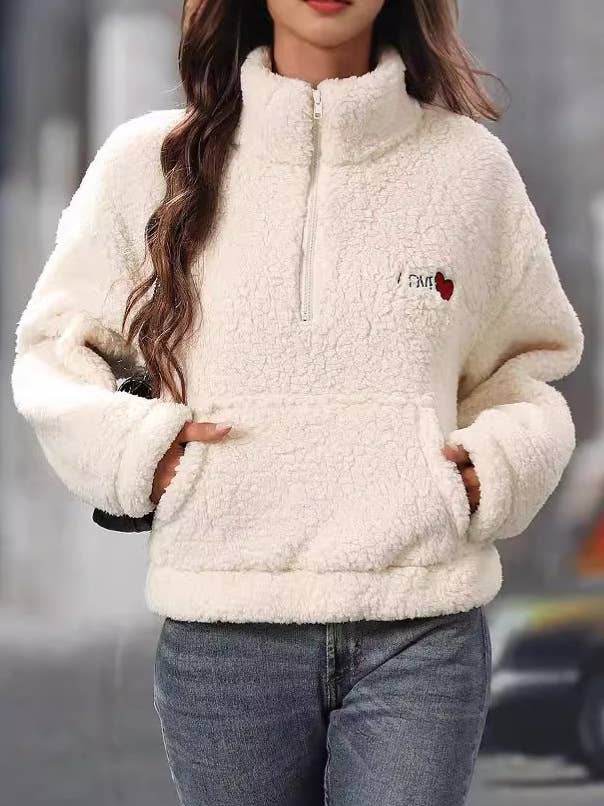 Heart Embroidered Half Zip Sherpa Sweatshirt