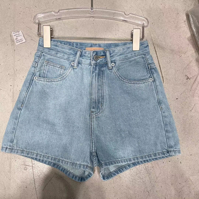 High Waist A Line Denim Shorts - Lightblue