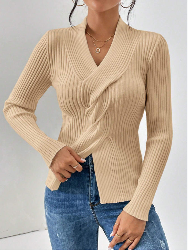 Draped Twist Front Fitted Ribbed Knit Top - Khaki