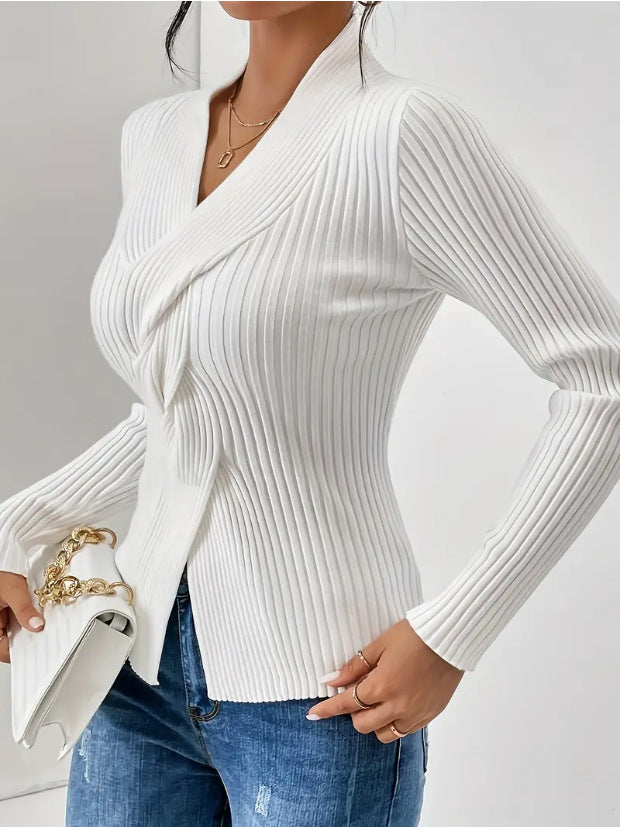 Draped Twist Front Fitted Ribbed Knit Top